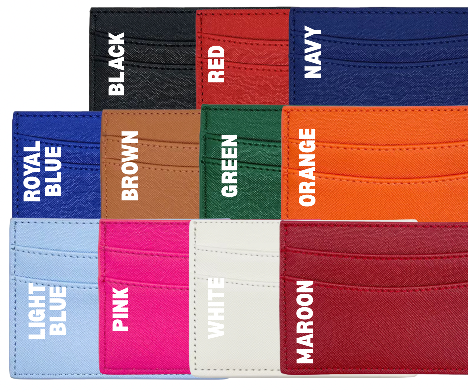 Collection of colorful card holders with labels on a white background