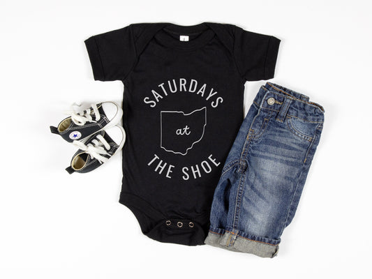 Ohio State Saturdays at The Shoe: Trendy Unisex onesie for babies - Buckeye Love, Game Day Apparel - Ohio state baby fanwear - OSU Buckeyes