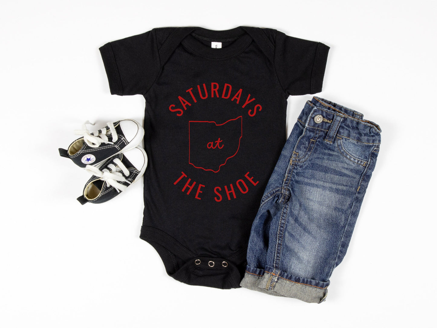 Ohio State Saturdays at The Shoe: Trendy Unisex onesie for babies - Buckeye Love, Game Day Apparel - Ohio state baby fanwear - OSU Buckeyes