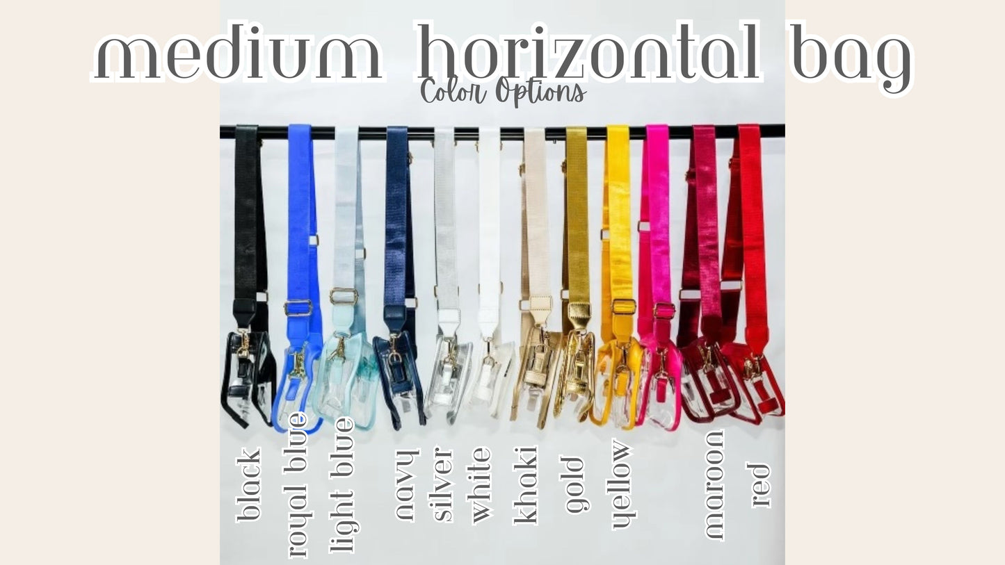 colorful clear stadium purses hanging in a row