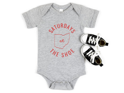 Ohio State Saturdays at The Shoe: Trendy Unisex onesie for babies - Buckeye Love, Game Day Apparel - Ohio state baby fanwear - OSU Buckeyes